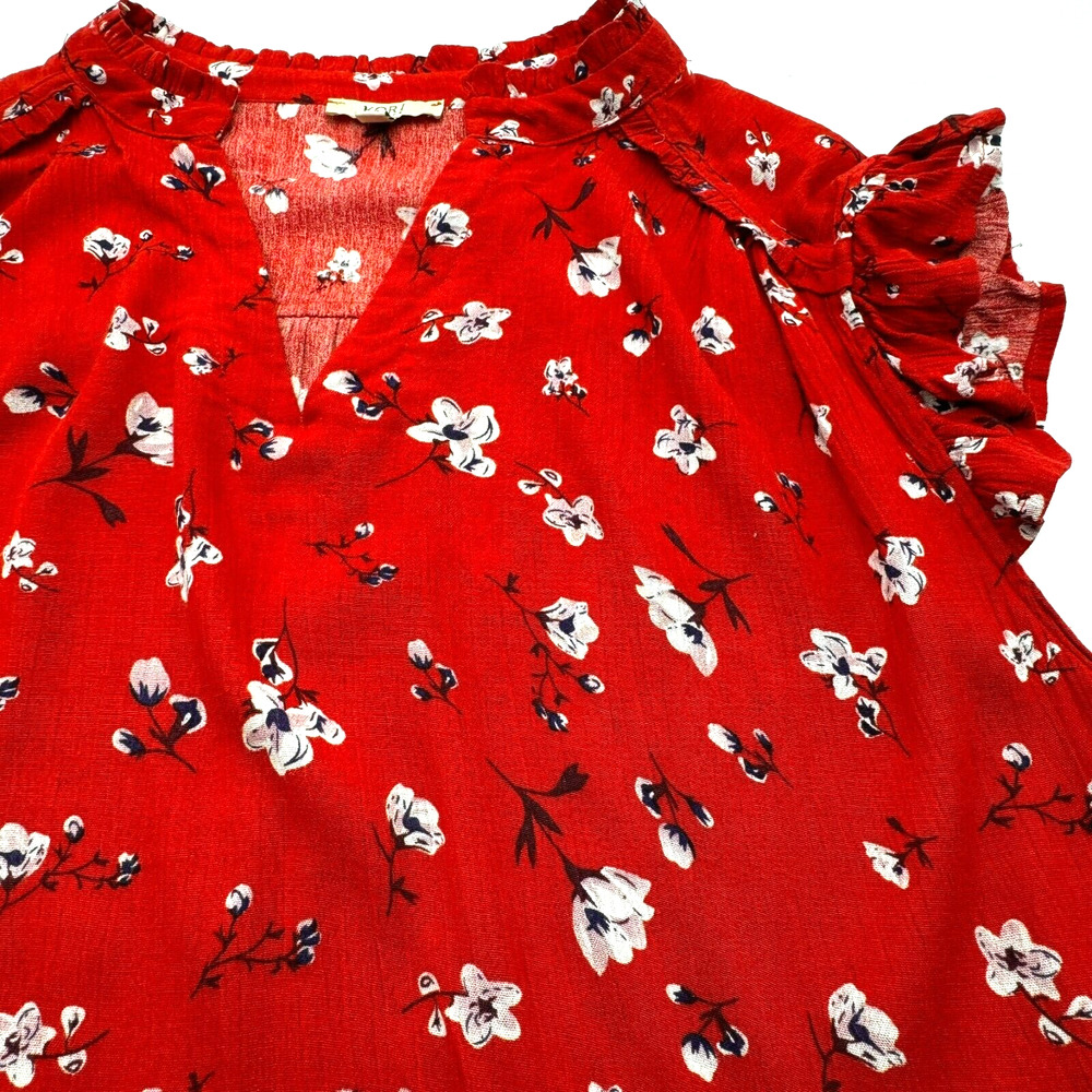 KORI AMERICA Women's Small Red Pink Floral Ruffle Short Sleeve Tunic Top‎ Blouse
